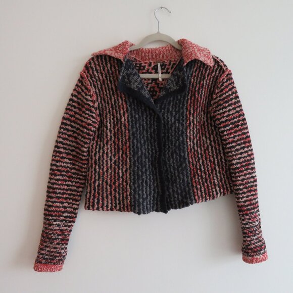 FREE PEOPLE Aztec Knit Wool Blend Open Back Cardigan Blue Red Boho - Size XS - Picture 2 of 12
